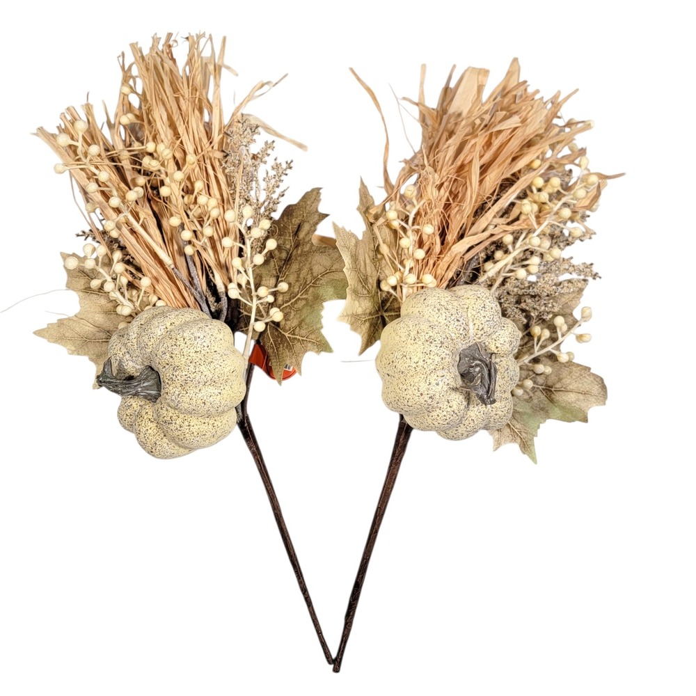 Fall Pumpkin Floral Spray Set of 2 Cream Berries Maple‎ Leaf Raffia Autumn Picks